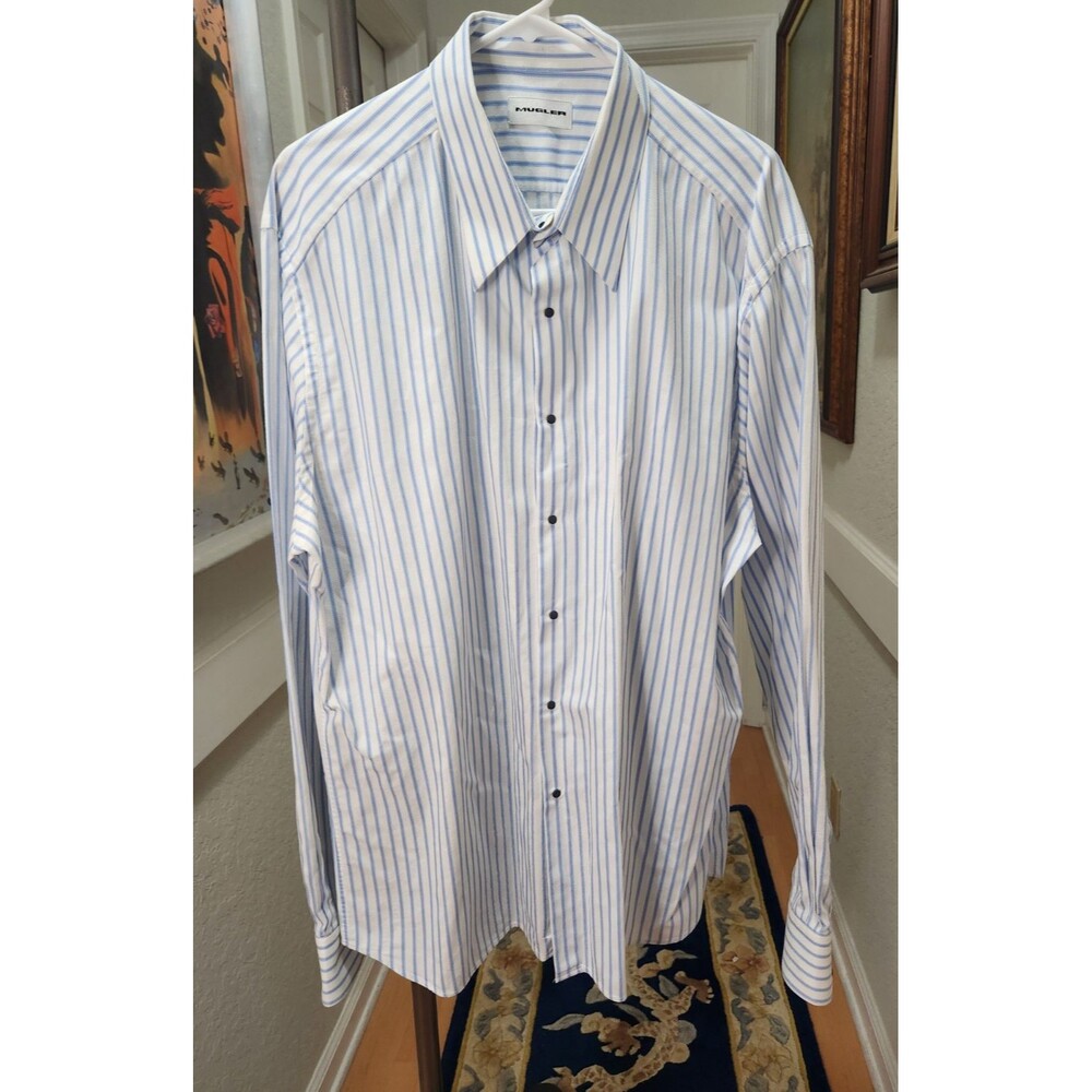 Thierry Mugler Homme Blue White Striped Button Down Shirt Men’s Size 19 / 47 XXL